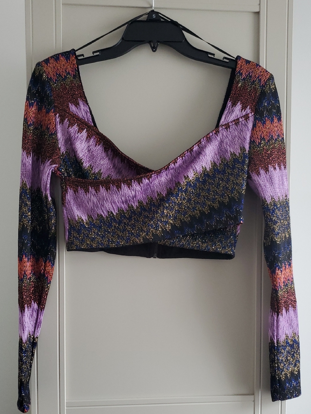 Ramy Brook Purple Chevron Metallic Long-Sleeve Crop Top